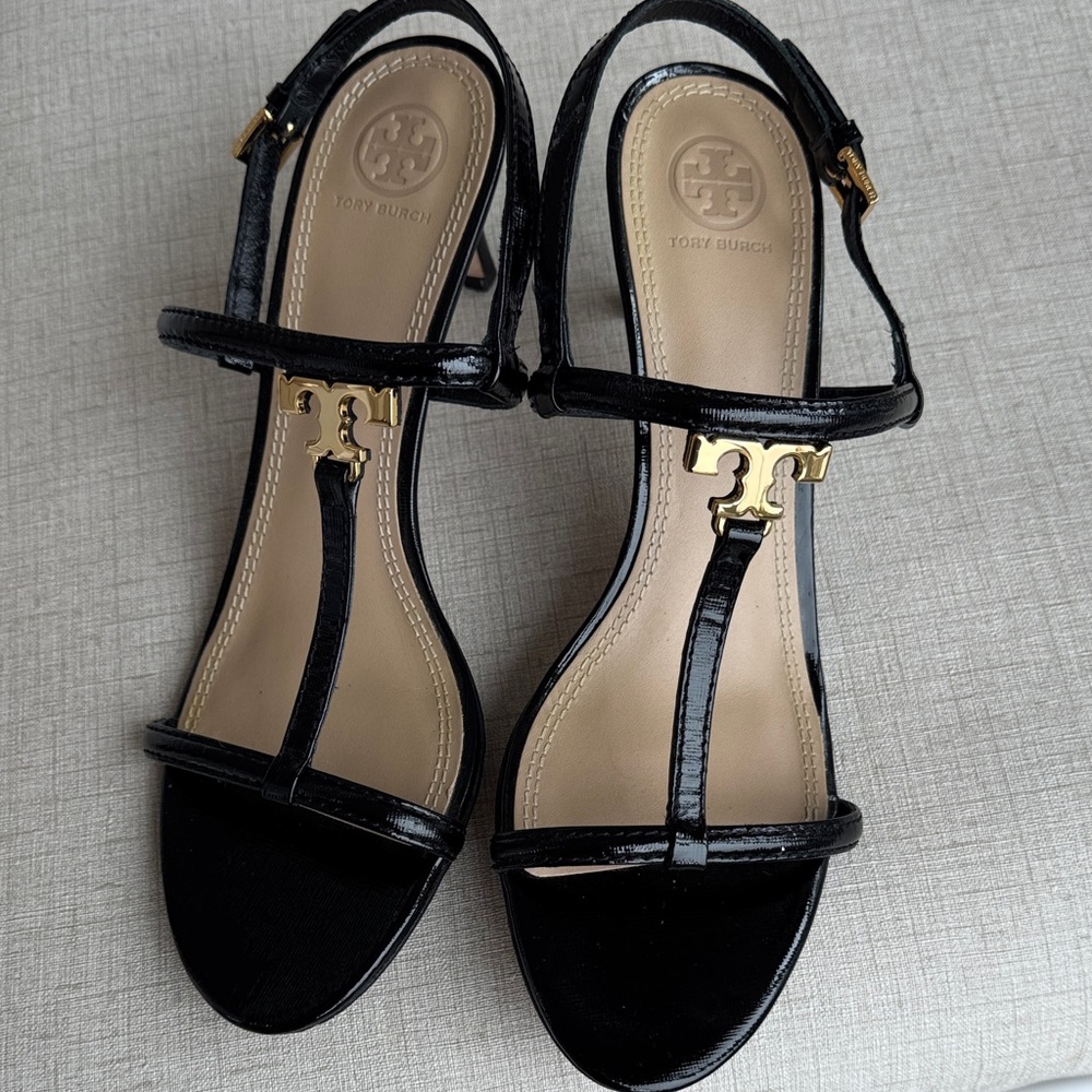 Tory Burch Black Patent Leather T-Strap Sandals with Gold Logo